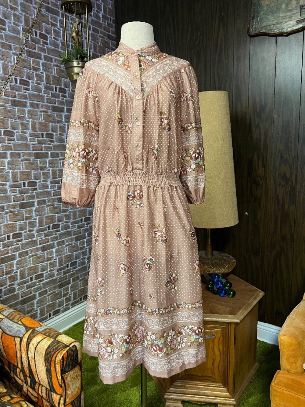 Vintage 70s Floral Polka Dot 3/4 Sleeve Lightweight Dress Small Medium